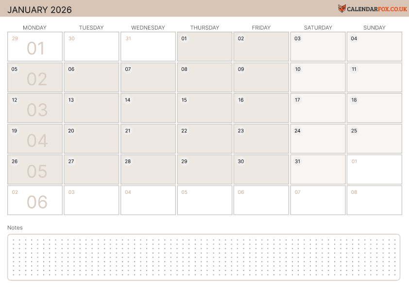 January Calendar with Week Numbers