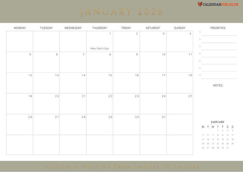 January Calendar with Inspirational Quotes
