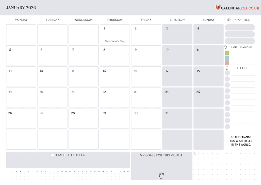 January Calendar with Holidays