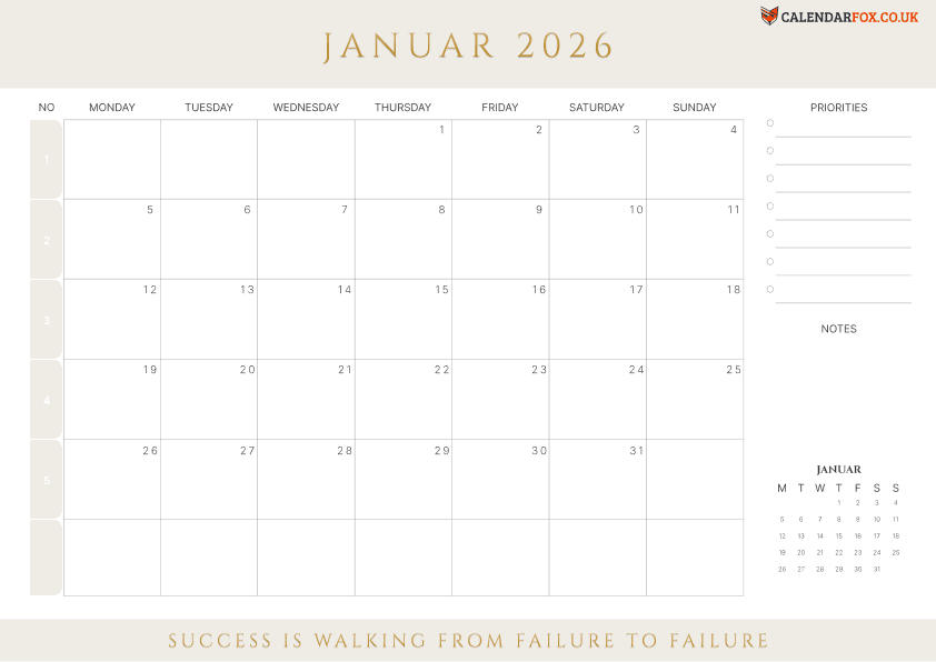 January Calendar with Week Numbers