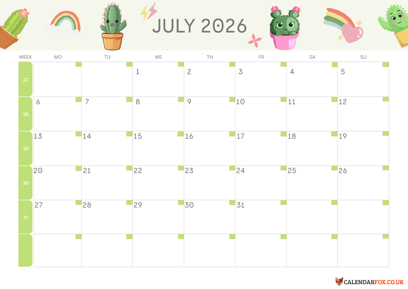 July Calendar Kids Theme 2