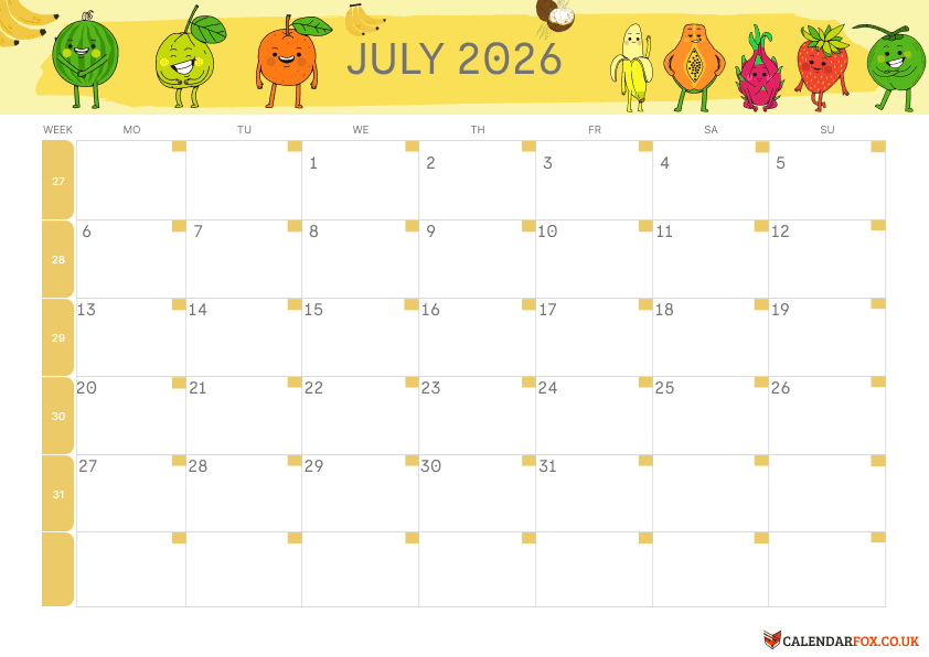 July Calendar Kids Theme 3