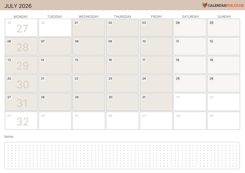 July Calendar Minimalist Theme 2
