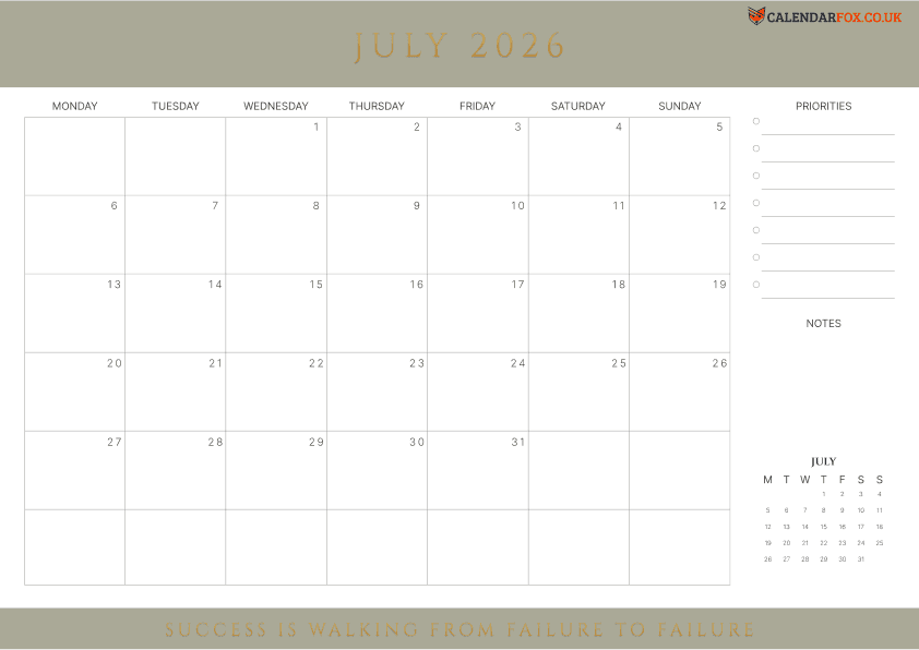 July Calendar Minimalist Theme 4