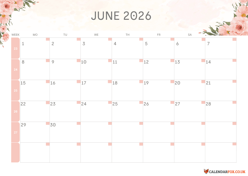 June Calendar Floral Theme 2