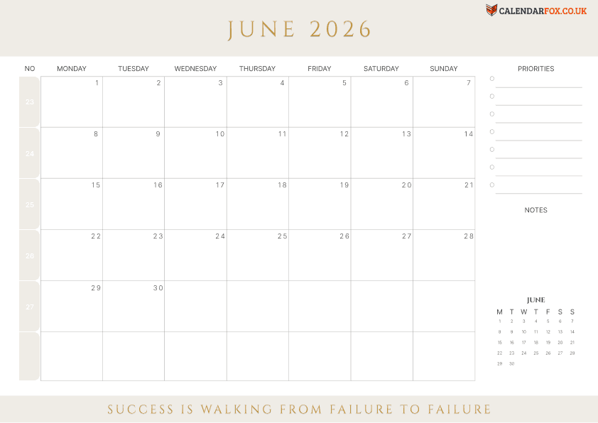 June Calendar with Week Numbers