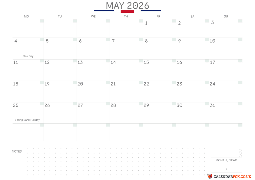 May Calendar with Notes