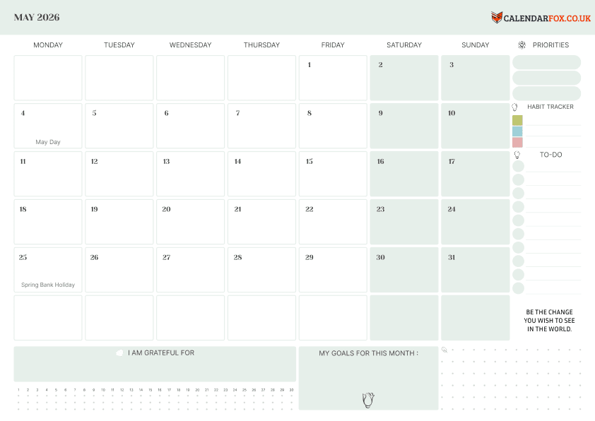 May Calendar with To Do List