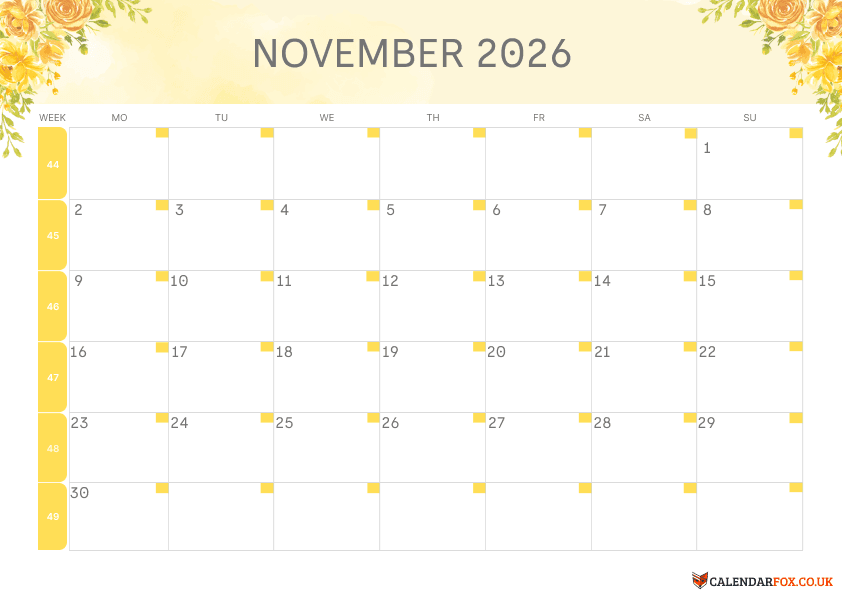 Calendar November Floral Theme 4