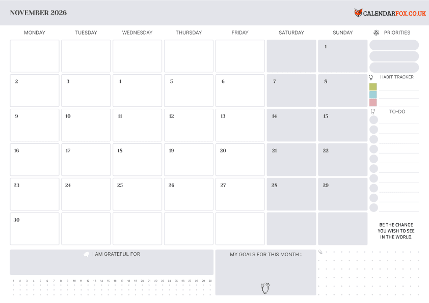 Calendar November with Holidays