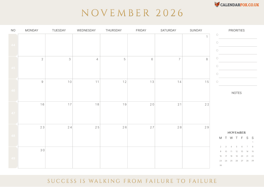 Blank November calendar