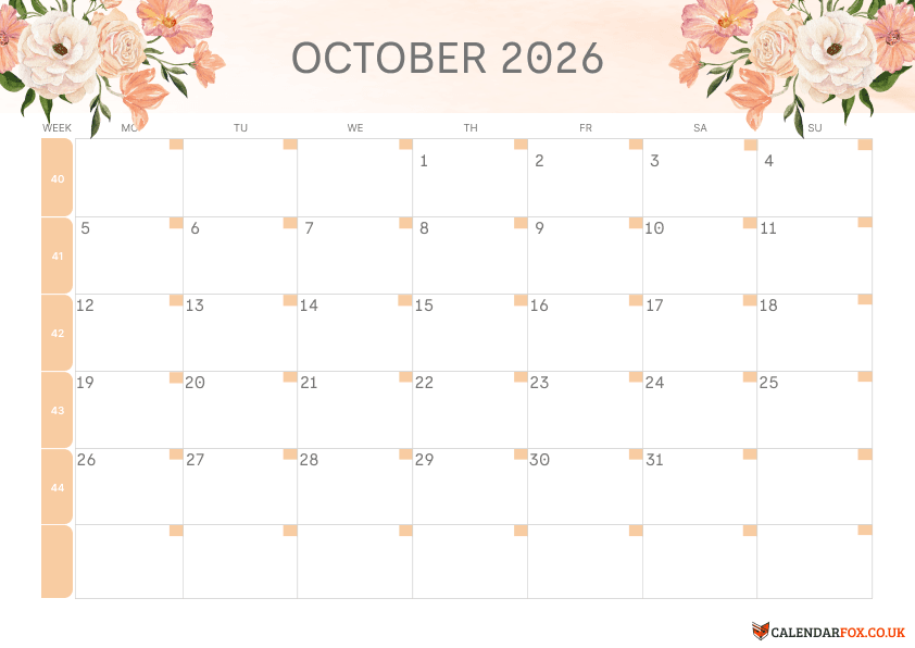 Calendar October Floral Theme 3