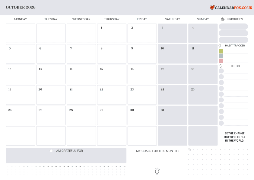 Blank October calendar