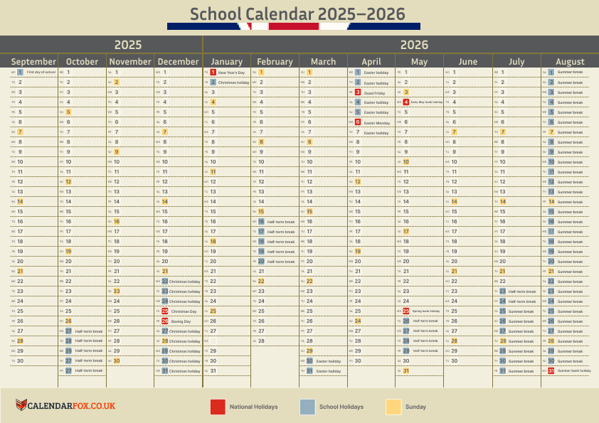Calendar 2026 with UK School holidays