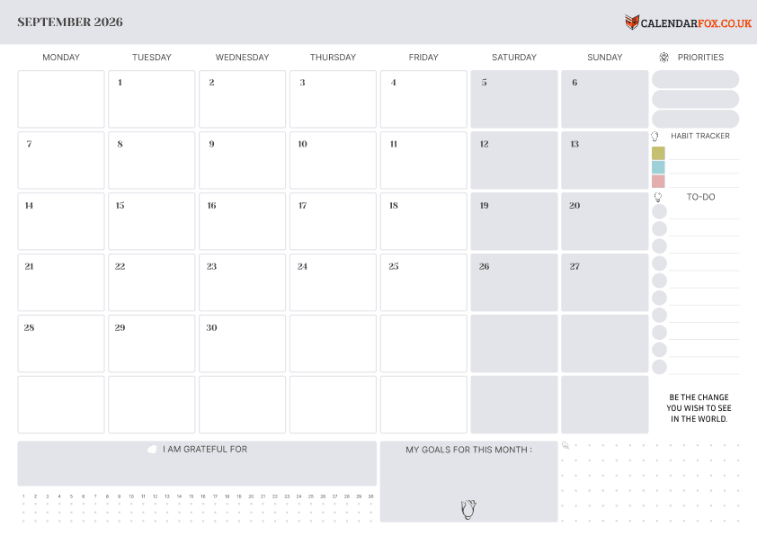 Blank September calendar