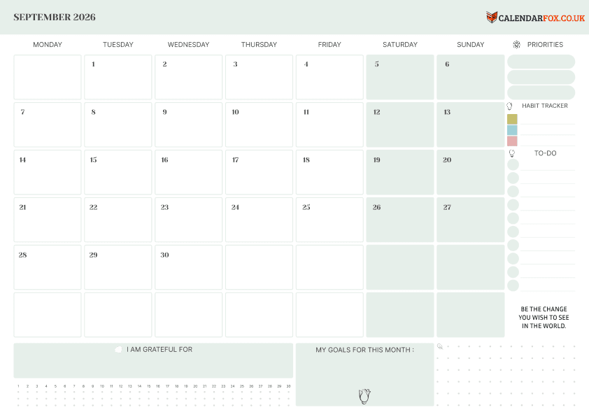 Calendar September with To Do List