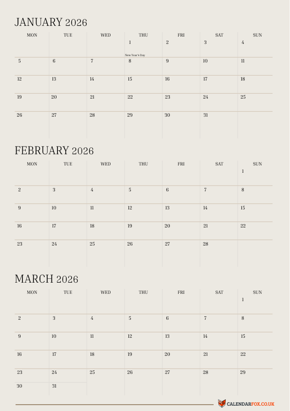 3 Month Calendar templates