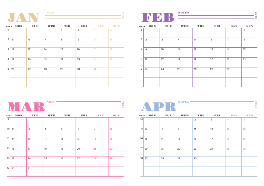 4 Month Calendar templates