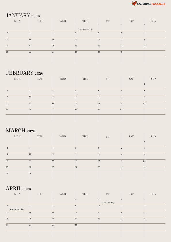 4 Month Calendar templates